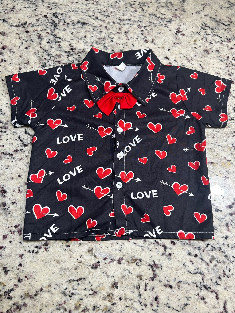 Kids Black Button-Down Shirt with Red Heart Print and Bow